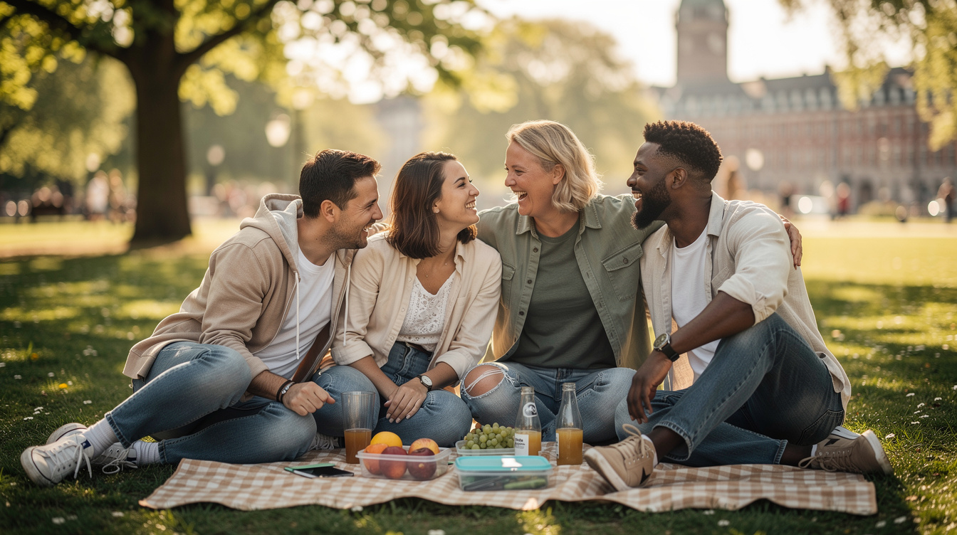 Group of friends enjoying a picnic in a sunny Danish park